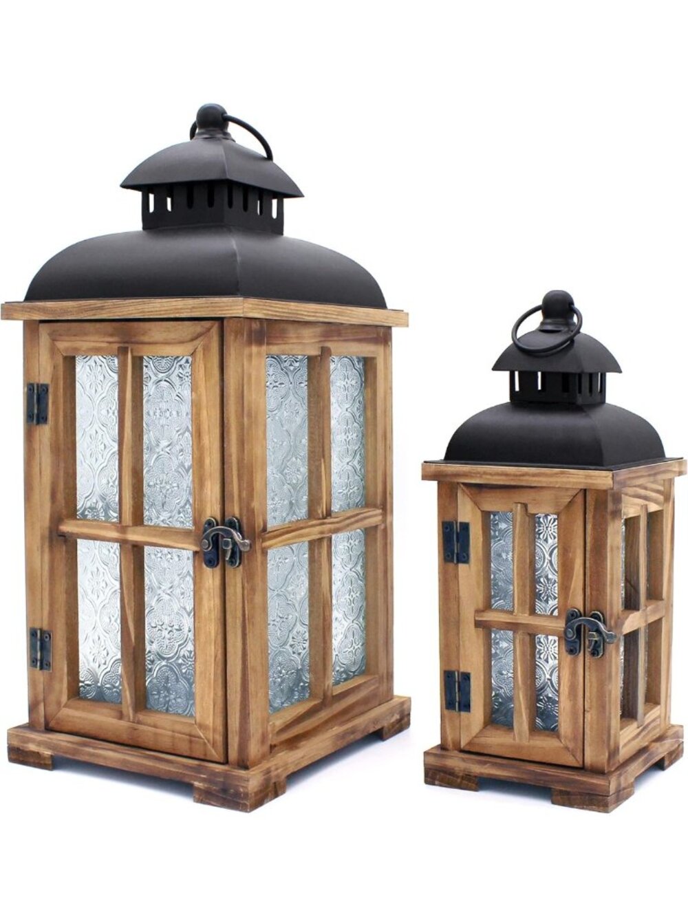 Rustic Vintage Wood Candle Lanterns Set of 2 - Black Metal Top & Embossed Glass
